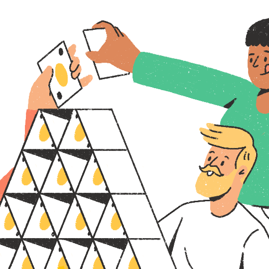 Graphique de deux personnes qui construisent un château de cartes